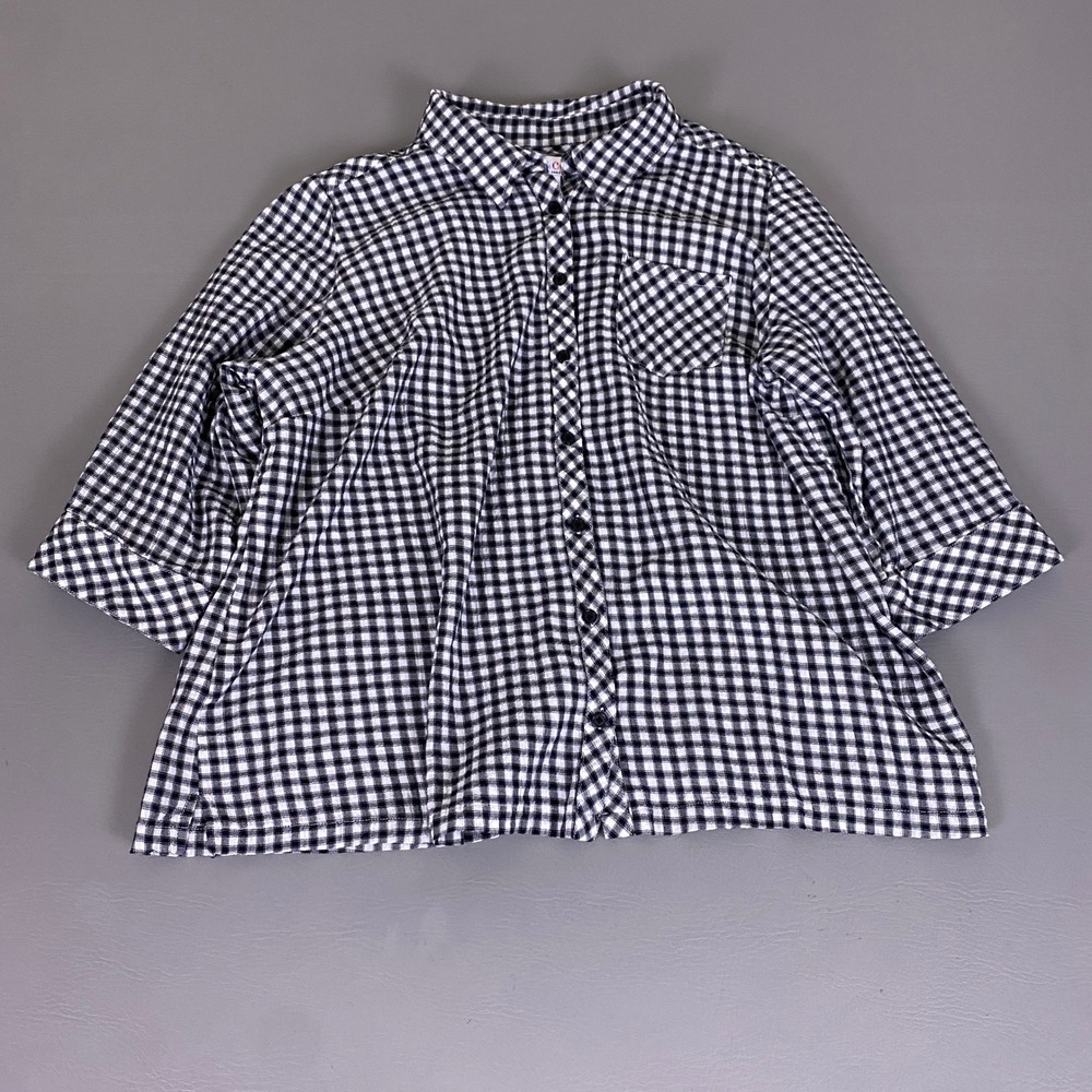 Denim & Co Flannel Shirt Women 1X Black White Gingham Check Button Up 3/4 Sleeve